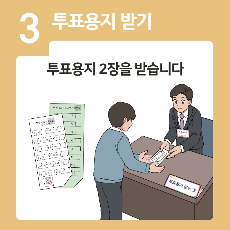 3. 투표용지 받기 : 투표용지 2장을 받습니다.