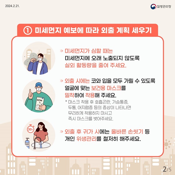 우선 미세먼지 예보에 따라 외출계획 세웁니다. 미세먼지가 심할 때는 미세먼지에 오래 노출되지 않도록 실외 활동량을 줄여주세요. 외출 시에는 코와 입을 모두 가릴 수 있도록 얼굴에 맞는 보건용 마스크를 밀착하여 착용해 주세요. 단, 마스크 착용 후 호흡곤란, 가슴통증, 두통, 어지럼증 등의 증상이 나타면 무리하게 착용하지 마시고 즉시 마스크를 벗어주세요. 외출 후 귀가 시에는 올바른 손씻기 등 개인 위생관리를 철저히 해주세요.