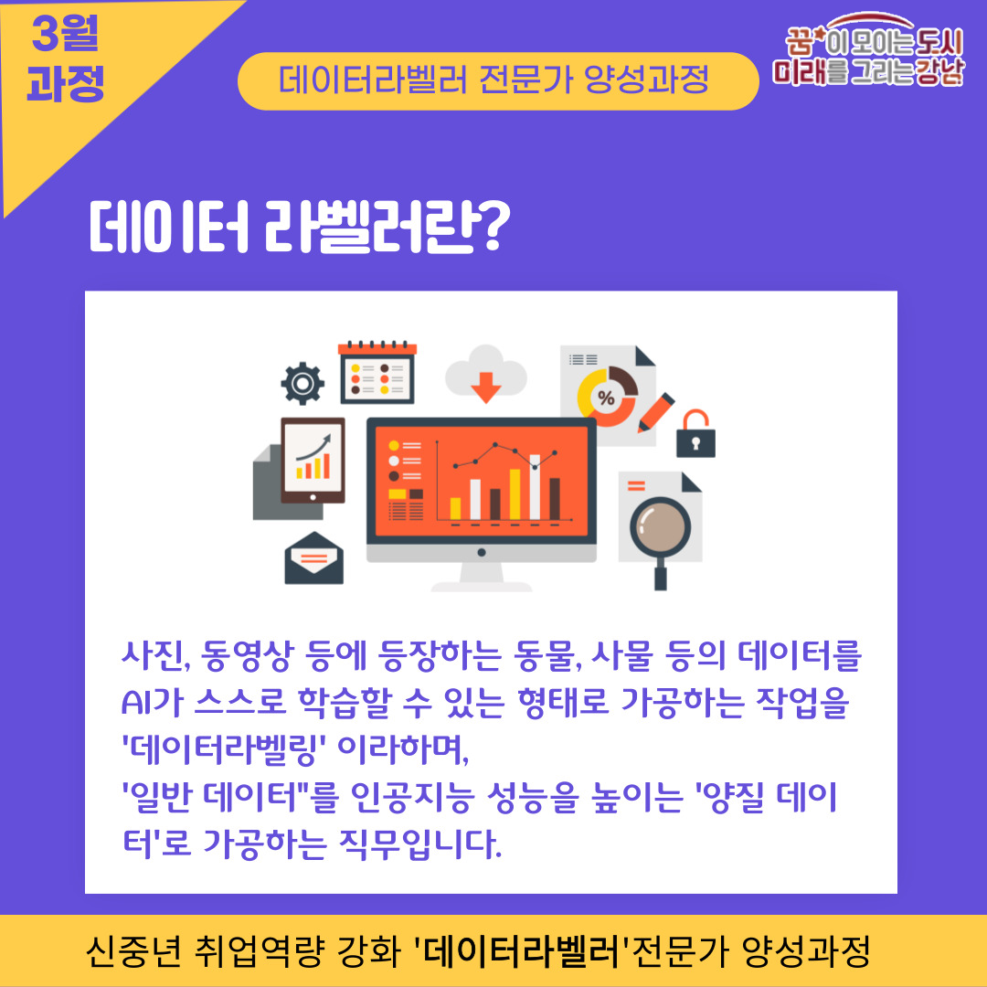 사진, 동영상 등에 등장하는 동물, 사물 등의 데이터를 AI가 스스로 학습할 수 있는 형태로 가공하는 작업을 '데이터 라벨링'이라하며, 데이터라벨러는 '일반 데이터'를 인공지능 성능을 높이는 '양질 데이터'로 가공하는 직무를 하는 사람입니다.