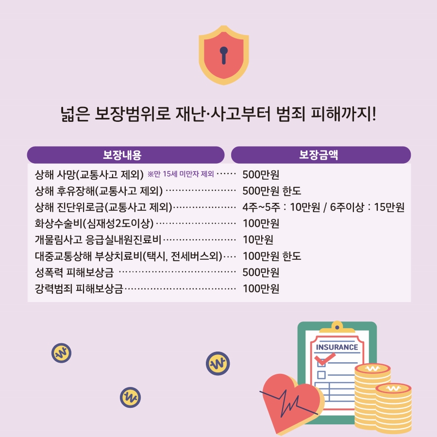 넓은 보장범위로 재난·사고부터 범죄 피해까지! 자세한 내용은 표를 참고해주세요.