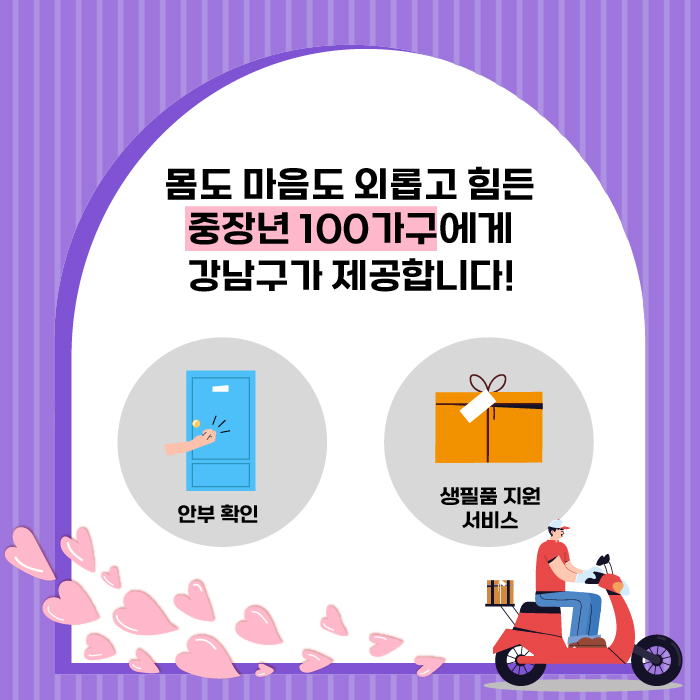 몸도 마음도 외롭고 힘든 중장년 100가구에게 강남구가 안부확인 및 생필품 지원 서비스를 제공합니다.
