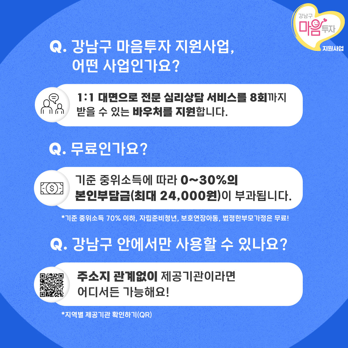 강남구 마음투자 지원사업에서는 1:1 대면으로 전문 심리상담서비스를 8회까지 받을 수 있는 바우처를 지원합니다. 단, 기준 중위소득에 따라 0~30%의 본인부담금(최대 24,000원)이 부과됩니다. 기준 중위소득 70% 이하, 자립준비청년, 보호연장아동, 법정한부모가정은 무료입니다. 주소지 관계없이 제공기관이라면 어디서든 심리상담 바우처를 사용할 수 있습니다.