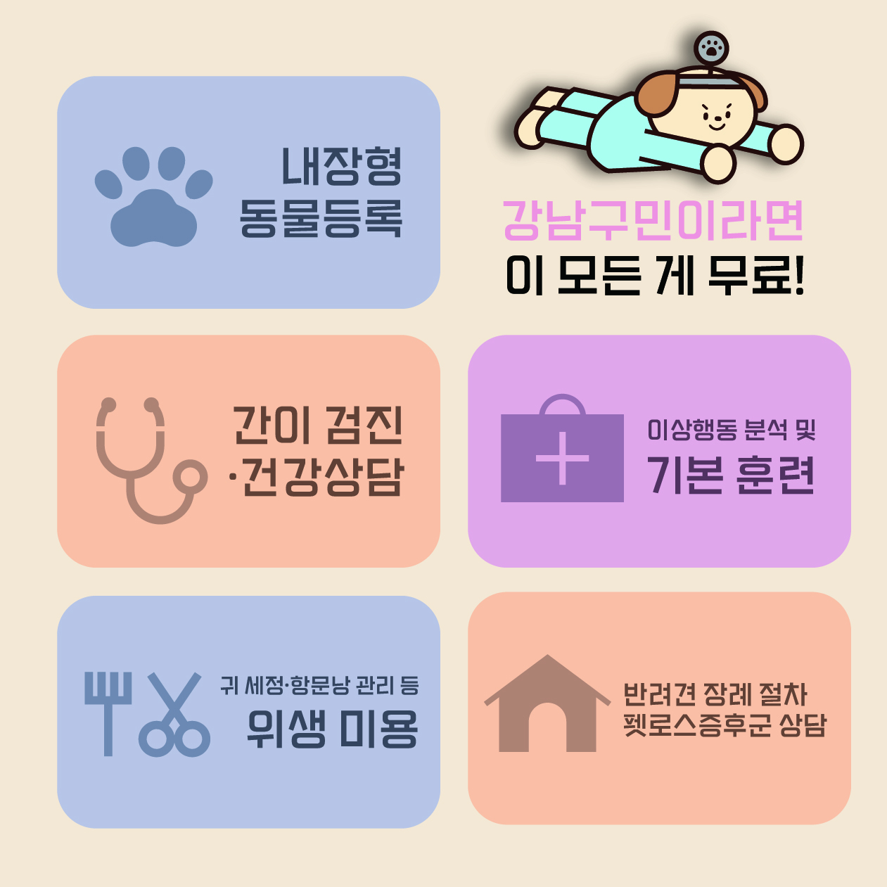 내장형 동물등록, 간이 검진·건강상담, 이상행동 분석 및 기본 훈련, 귀 세정·항문낭 관리 등 위생 미용, 반려견 장례절차와 펫로스증후군 상담까지 강남구민이라면 무료로 이용하실 수 있습니다.
