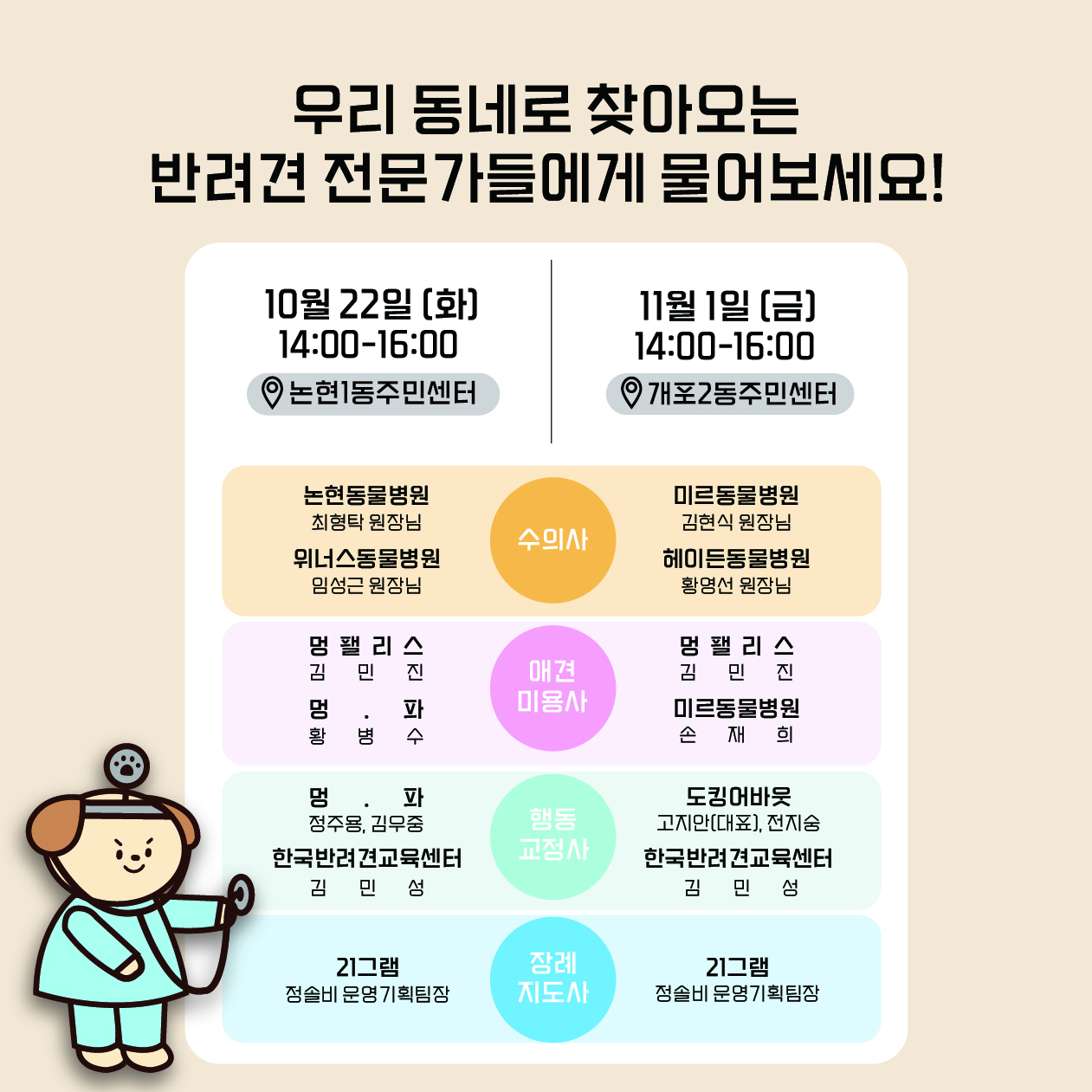 우리 동네로 찾아오는 반려견 전문가들에게 물어보세요! 10월 22일 오후 2시부터 4시까지 논현1동 주민센터를 방문하면 논현동물병원 최형탁 원장님, 위너스동물병원 임성근 원장님, 멍팰리스 김민진 미용사, 멍파 황병수 미용사, 멍파 정주용 훈련사와 김우중 훈련사, 한국반려견교육센터 김민성 훈련사, 21그램 정솔비 운영기획팀장을 만날 수 있습니다. 11월 1일 오후 2시부터 4시까지 개포2동 주민센터에는 미르동물병원 김현식 원장님, 헤이든 동물병원 황영선 원장님, 멍팰리스 김민진 미용사, 미르동물병원 손재희 미용사, 도킹어바웃 고지안 대표와 전지숭 훈련사, 한국반려견교육센터 김민성 훈련사, 21그램 정솔비 운영기획팀장을 만날 수 있습니다.