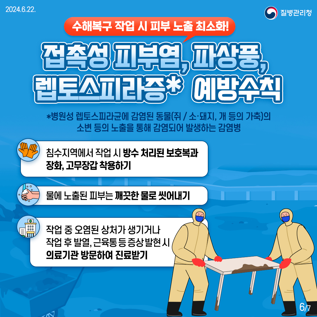 [수해복구 작업 시 피부 노출 최소화!] ■ 접촉성 피부염, 파상풍, 렙토스피라증* 예방수칙 *병원성 렙토스피라균에 감염된 동물(쥐 / 소·돼지, 개 등의 가축)의 소변 등의 노출을 통해 감염되어 발생하는 감염병 - 침수지역에서 작업 시 방수 처리된 보호복과 장화, 고무장갑 착용하기 - 물에 노출된 피부는 깨끗한 물로 씻어내기 - 작업 중 오염된 상처가 생기거나 작업 후 발열, 근육통 등 증상 발현 시 의료기관 방문하여 진료받기