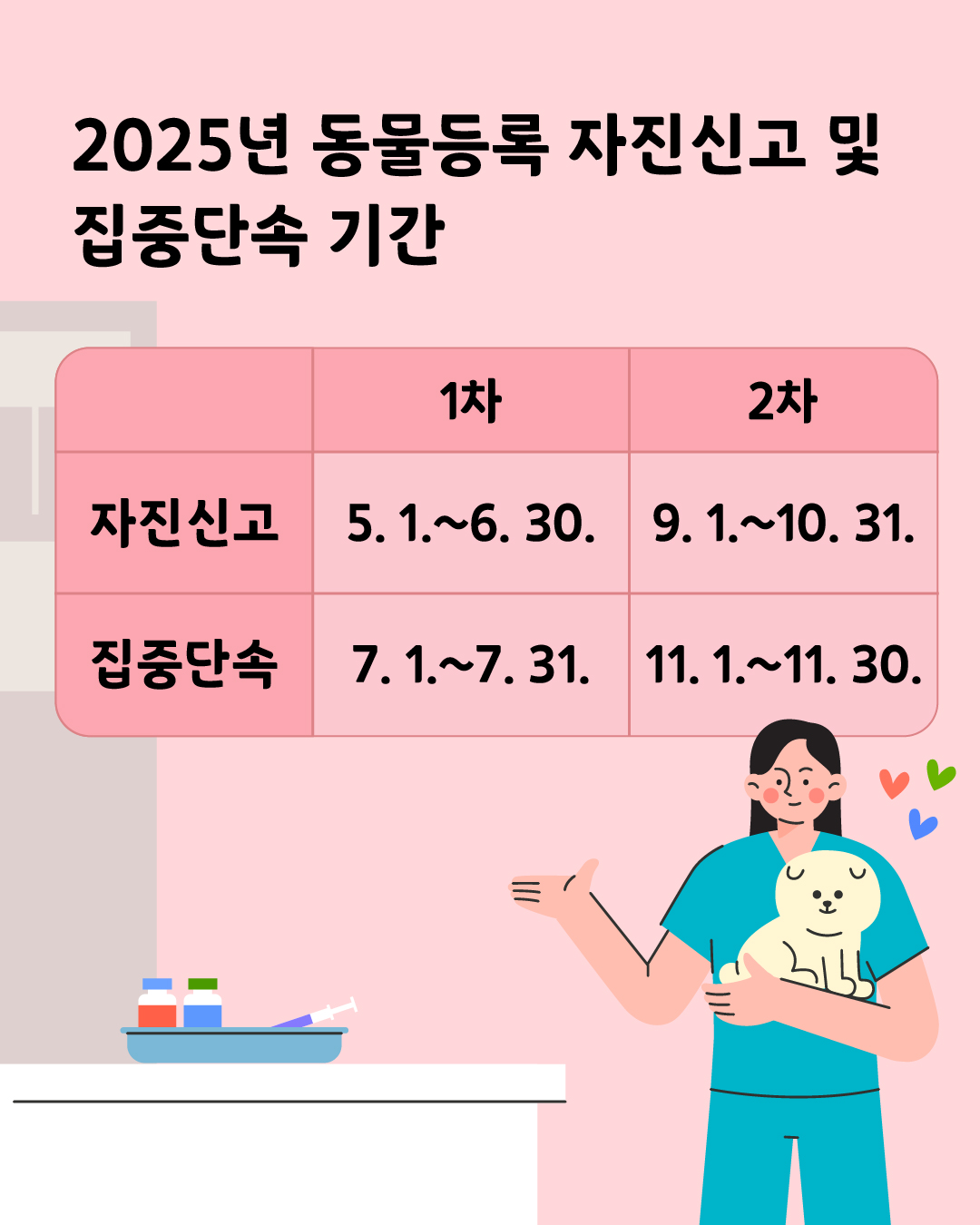 2025년 동물등록 자진신고 및 집중단속 기간은 상반기와 하반기 각각 한 차례씩 운영합니다. 1차 자진신고 기간은 5월 1일부터 6월 30일까지며 집중단속기간은 7월 1일부터 31일까지입니다. 2차 자진신고기간은 9월 1일부터 10월 31일까지, 집중단속기간은 11월 1일부터 30일까지입니다.