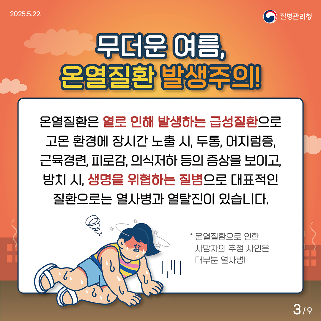 ■ 무더운 여름, 온열질환 발생주의! 온열질환은 열로 인해 발생하는 급성질환으로 고온 환경에 장시간 노출 시, 두통, 어지럼증, 근육경련, 피로감, 의식저하 등의 증상을 보이고, 방치 시, 생명을 위협하는 질병으로 대표적인 질환으로는 열사병과 열탈진이 있습니다. * 온열질환으로 인한 사망자의 추정 사인은 대부분 열사병!