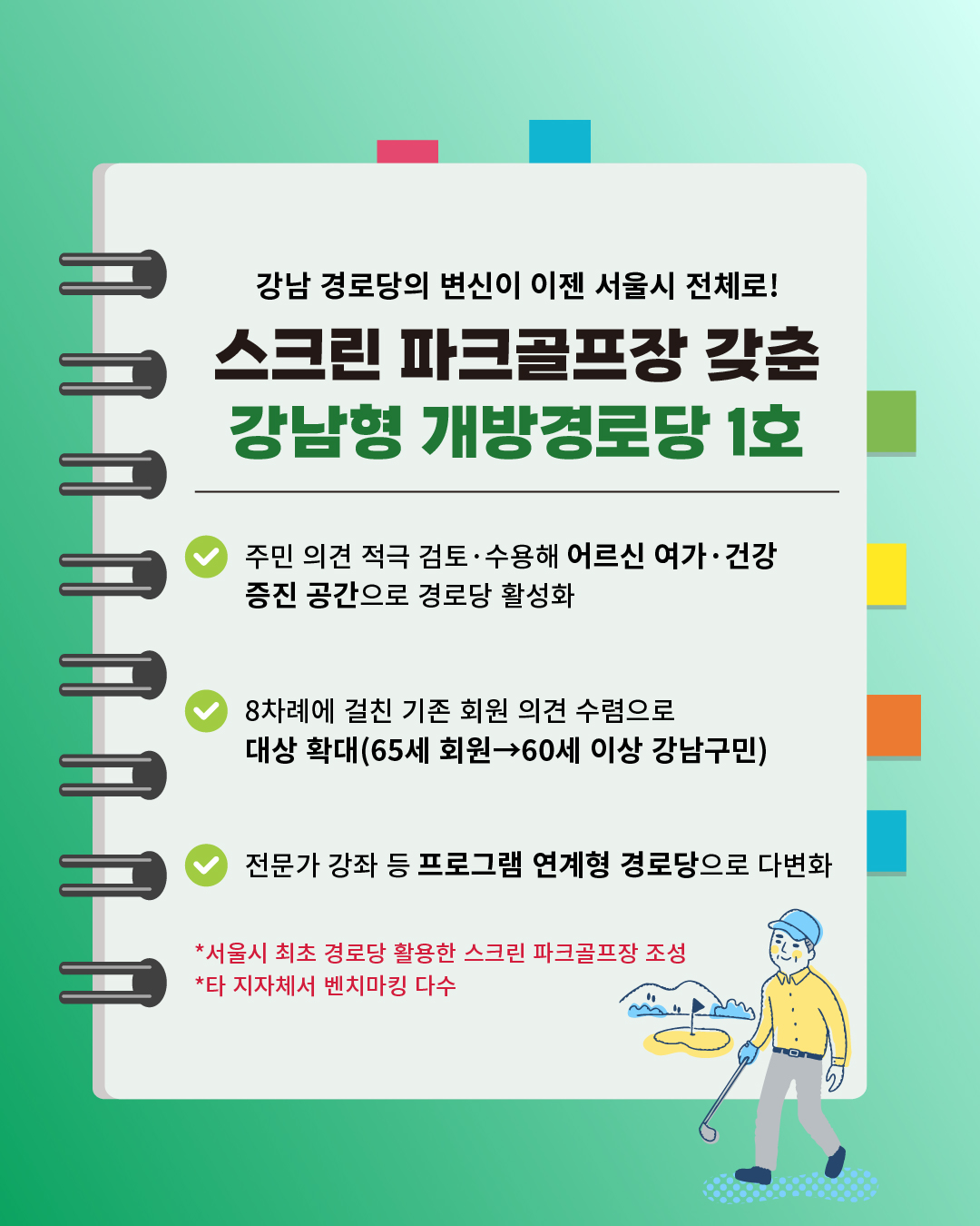 강남 경로당의 변신이 이젠 서울시 전체로! 스크린 파크골프장을 갖춘 강남형 개방경로당 1호를 소개합니다. 주민 의견을 적극 검토·수용해 어르신 여가·건강 증진 공간으로 경로당을 활성화했습니다. 8차례에 걸친 기존 회원 의견 수렴으로 65세 회원 중심이던 이용 대상을 60세 이상 강남구민 전체로 확대했습니다. 그리고 전문가 강좌 등 프로그램 연계형 경로당으로 다변화했습니다. 서울시 최초 경로당 활용한 스크린 파크골프장 조성 사례로서 타 지자체에서 다수 벤치마킹한 사례입니다.