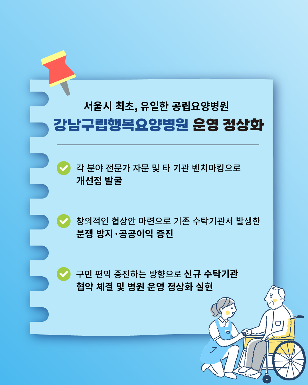 서울시 최초이자 유일한 공립요양병원인 강남구립행복요양병원이 운영 정상화됐습니다. 각 분야 전문가 자문 및 타 기관 벤치마킹으로 개선점을 발굴하고, 창의적인 협상안 마련으로 기존 수탁기관서 발생한 분쟁을 방지하고 공공이익을 증진했습니다. 아울러 구민 편익 증진하는 방향으로 신규 수탁기관 협약을 체결하고 병원 운영 정상화를 실현했습니다.