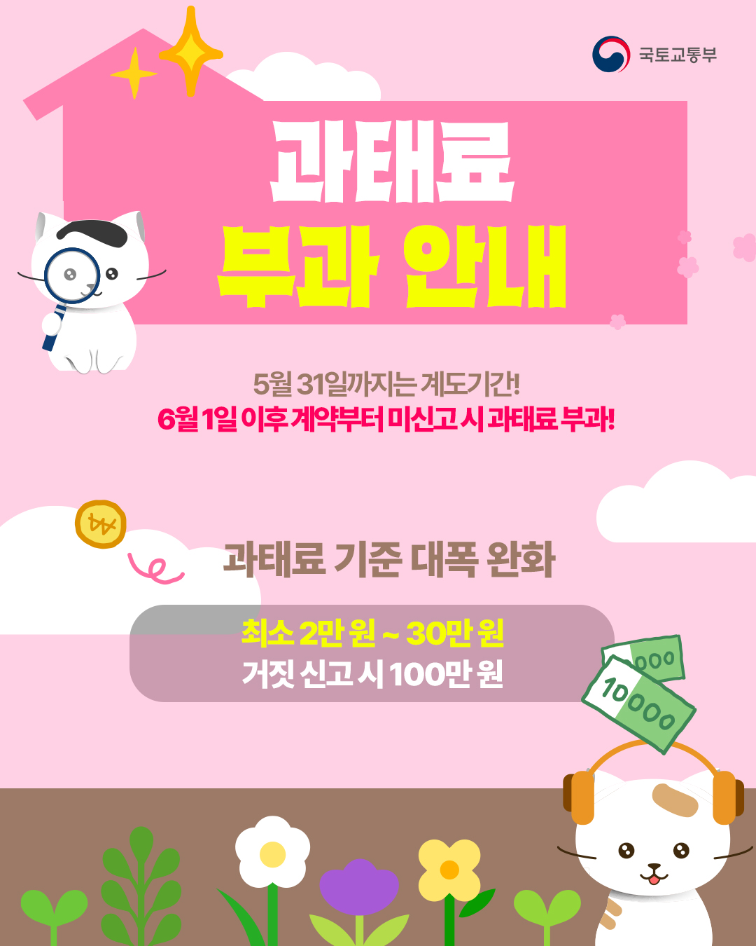 올해 5월 31일까지는 계도기간! 6월 1일 이후 계약부터 미신고 시 과태료가 부과됩니다. 과태료는 최소 2만원에서 최대 30만원까지 부과될 수 있습니다. 거짓 신고 시 과태료 100만원 처분을 받게 됩니다.