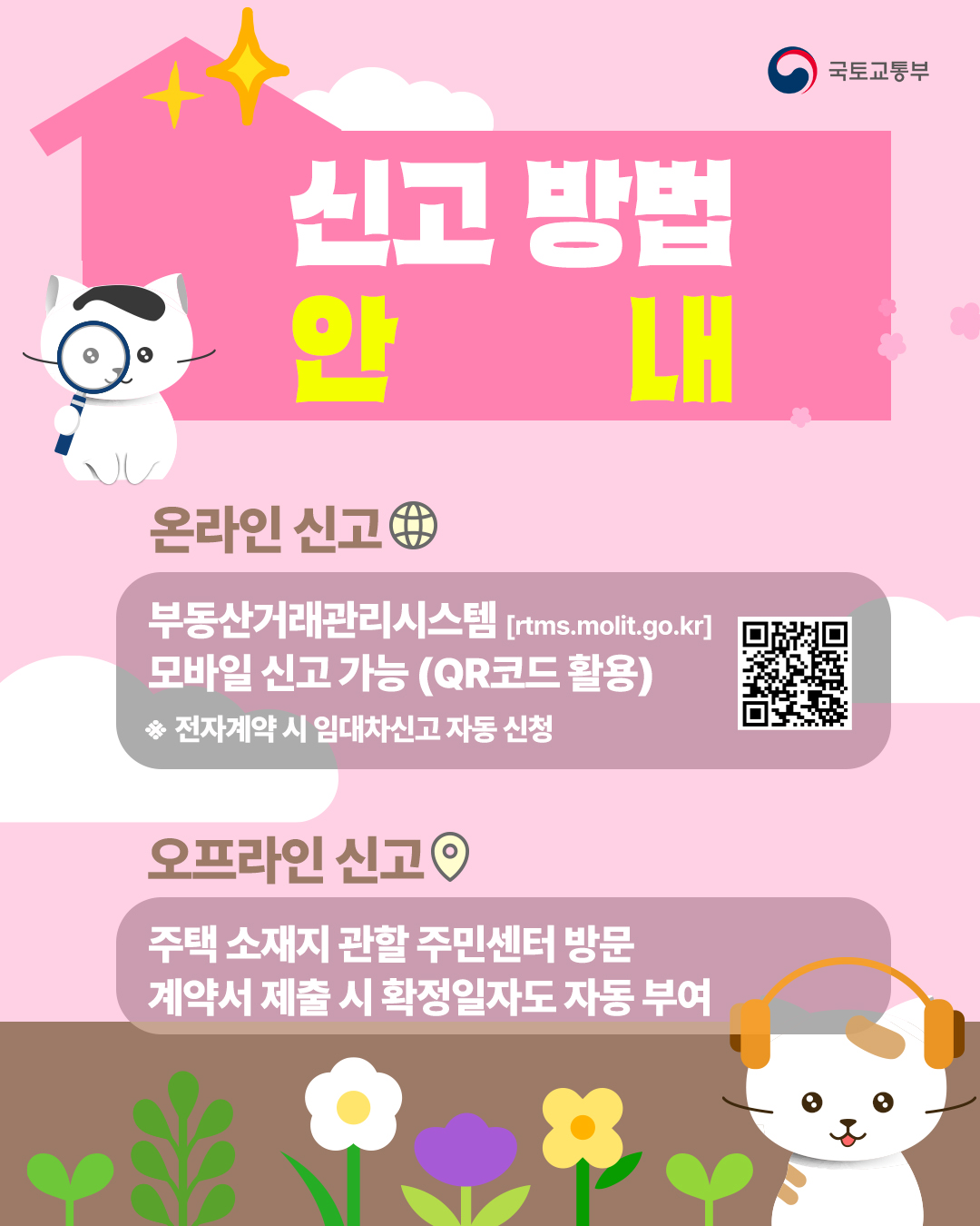 온오프라인 신고 모두 가능합니다. 온라인 신고는 부동산거래관리시스템에서 간편하게 하실 수 있습니다. 오프라인 신고는 주택 소재지 관할 주민센터 방문하면 됩니다. 계약서 제출 시 확정일자도 자동 부여됩니다.
