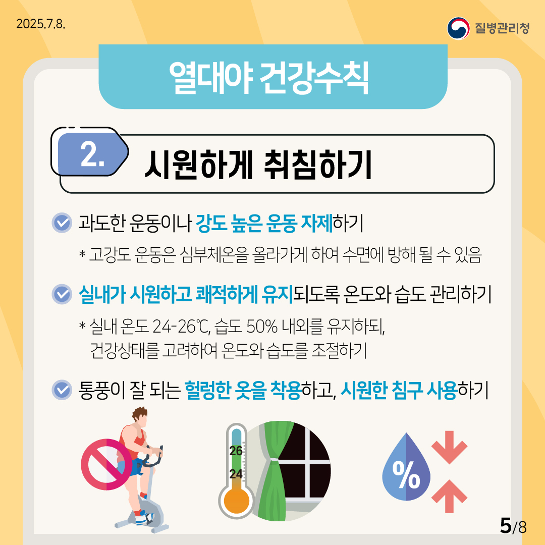 2) 시원하게 취침하기 ✅과도한 운동이나 강도 높은 운동 자제하기 ※ 고강도 운동은 심부체온을 올라가게 하여 수면에 방해 될 수 있음 ✅실내가 시원하고 쾌적하게 유지되도록 온도와 습도 관리하기 ※ 실내 온도 24~26℃, 습도 50% 내외를 유지하되, 건강상태를 고려하여 온도와 습도를 조절하기 ✅통풍이 잘 되는 헐렁한 옷을 착용하고, 시원한 침구 사용하기