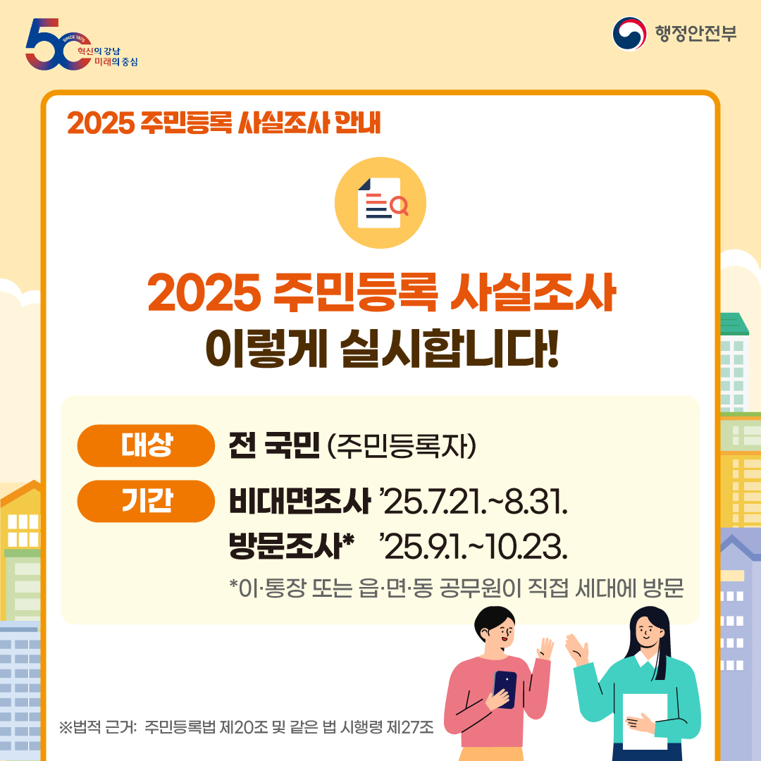 <2025 주민등록 사실조사 안내> 2025 주민등록 사실조사 이렇게 실시합니다! ✅대상 : 전 국민(주민등록자) ✅기간 : 비대면조사 '25.7.21.~8.31. / 방문조사* '25.9.1.~10.23. *이·통장 또는 읍·면·동 공무원이 직접 세대에 방문 ※법적 근거 : 주민등록법 제20조 및 같은 법 시행령 제27조