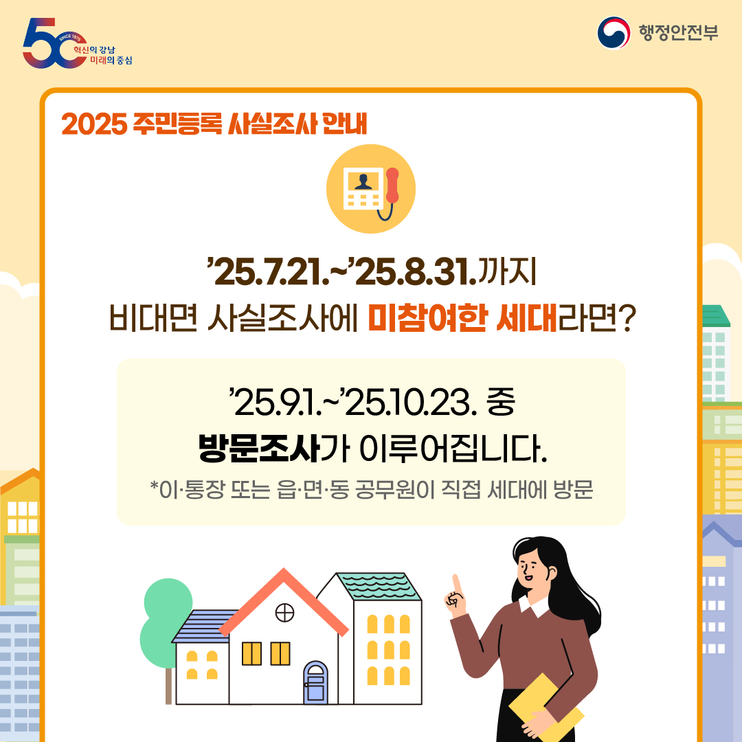 '25.7.21.~'25.8.31.까지 비대면 사실조사에 미참여한 세대라면? '25.9.1.~'25.10.23. 중 방문조사*가 이루어집니다. *이·통장 또는 읍·면·동 공무원이 직접 세대에 방문