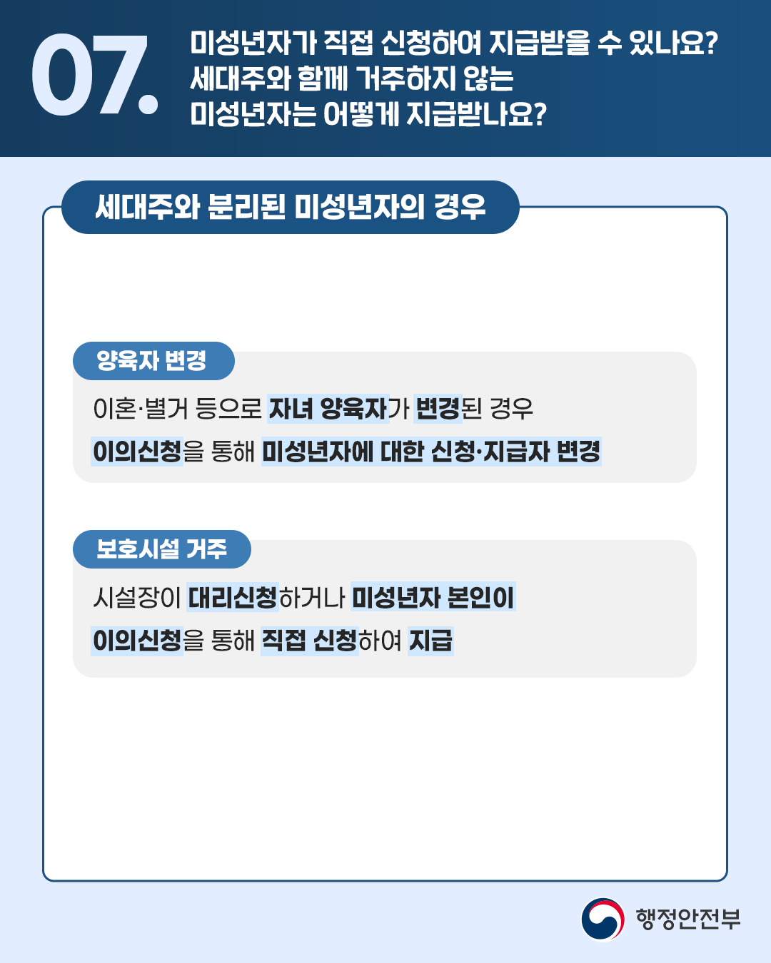 <세대주와 분리된 미성년자의 경우> [양육자 변경] 이혼·별거 등으로 자녀 양육자가 변경된 경우 이의신청을 통해 미성년자에 대한 신청·지급자 변경   [보호시설 거주] 시설장이 대리신청하거나 미성년자 본인이 이의신청을 통해 직접 신청하여 지급 