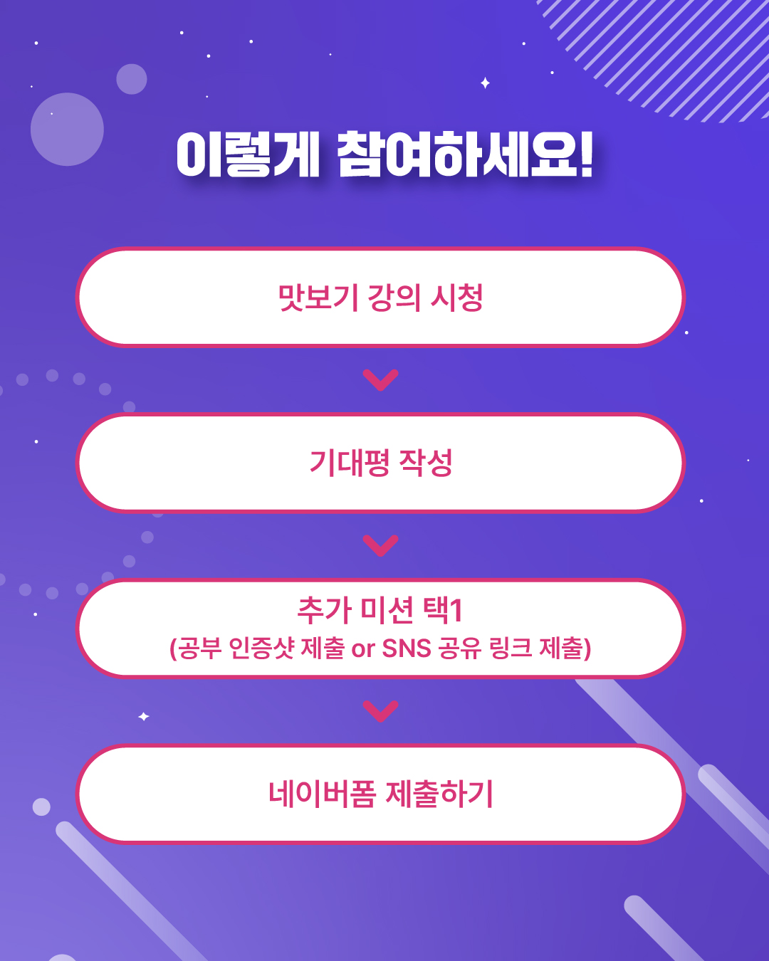 강남인강에서 맛보기 강의를 시청한 뒤 기대평을 작성해 주세요. 추가 미션인 공부 인증샷 제출 또는 SNS 공유 링크 제출 중 하나를 한 뒤 네이버 폼으로 신청 양식을 제출하면 참여 끝!