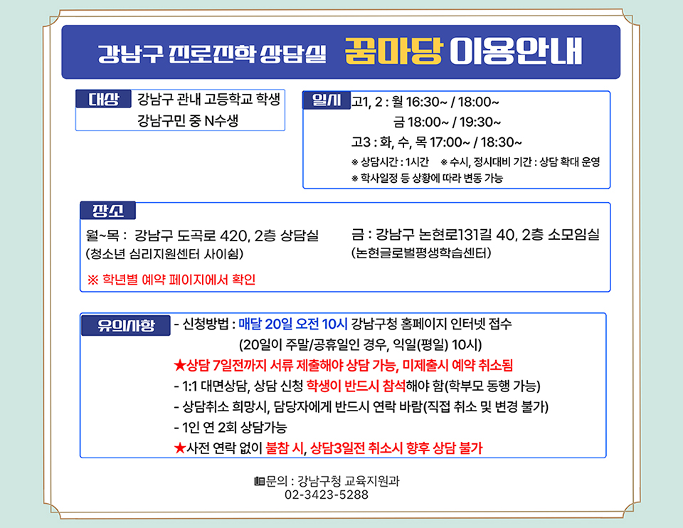 강남구 진로진학 상담실 꿈마당 이용안내. 대상 -강남구 관내 고등학교 학생-강남구민 중 N수생. 일시-고1,2 : 월, 16:30~/18:00~, 금 /18:00~/19:30~-고3 : 화, 수, 목 17:00~/18:30~※ 수시, 정시대비 기간 : 상담 확대 운영※ 학사일정 등 상황에 따라 변동 가능.상담장소-월~목 : 강남구 도곡로 420, 2층(청소년 심리지원센터 사이쉼)-금: 강남구 논현로131길 40, 2층(논현글로벌평생학습센터)※학년별 예약 페이지에서 확인.유의사항-신청방법 : 매달 20일 오전 10시 강남구청 홈페이지 인터넷 접수(20일이 주말/공휴일인 경우, 익일(평일) 10시)-상담 7일전까지 서류 제출해야 상담 가능, 미제출시 예약 취소 ※ 제출서류 : 상담신청서, 학생 생활기록부(사본), 모의고사 성적표(최근 2~3회분)-1:1 대면상담, 상담 신청 학생이 반드시 참석해야 함(학부모 동행 가능)-1인 연 2회 상담가능, 사전 연락 없이 불참 시 향후 상담 불가-예약취소를 원하시는 경우 대기자 연락을 위해 전화바람.문의 : 강남구청 교육지원과 02-3423-5288