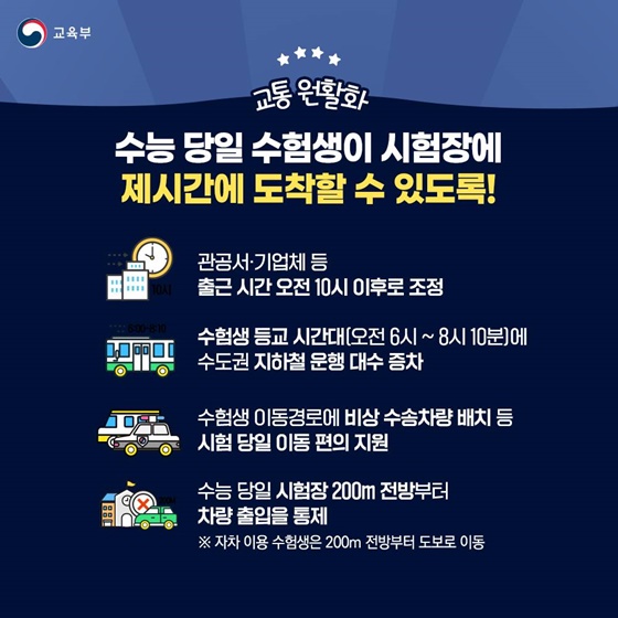 ⭐ 교통 원활화 수능 당일 수험생이 시험장에 제시간에 도착할 수 있도록! · 관공서·기업체 등 출근 시간 오전 10시 이후로 조정 · 수험생 등교 시간대(오전 6시~8시 10분)에 수도권 지하철 운행 대수 증차 · 수험생 이동경로에 비상 수송차량 배치 등 시험 당일 이동 편의 지원 · 수능 당일 시험장 200m 전방부터 차량 출입을 통제 ※ 자차 이용 수험생은 200m 전방부터 도보로 이동