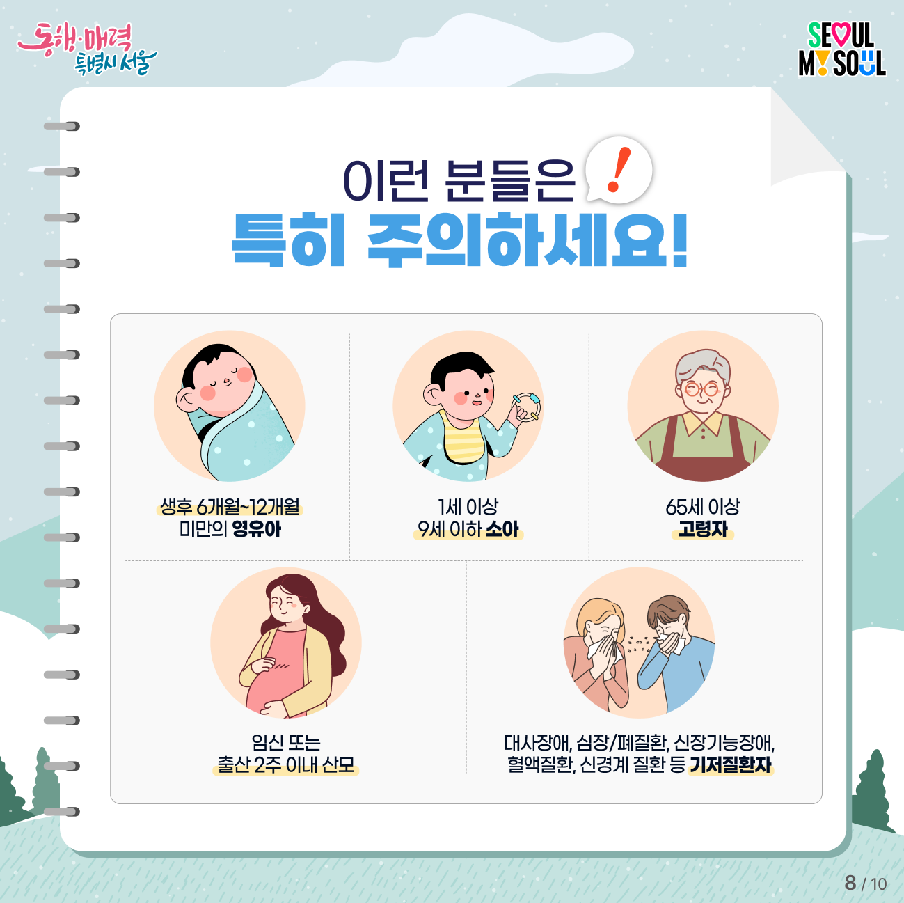 생후 6개월~12개월 미만의 영유아, 1세 이상 9세 이하 소아, 65세 이상 고령자, 임신 또는 출산 2주 이내 산모, 대사장애, 심장/폐질환, 신장기능장애, 혈액질환, 신경계 질환 등 기저질환자는 특히 독감에 걸리지 않도록 주의하세요!