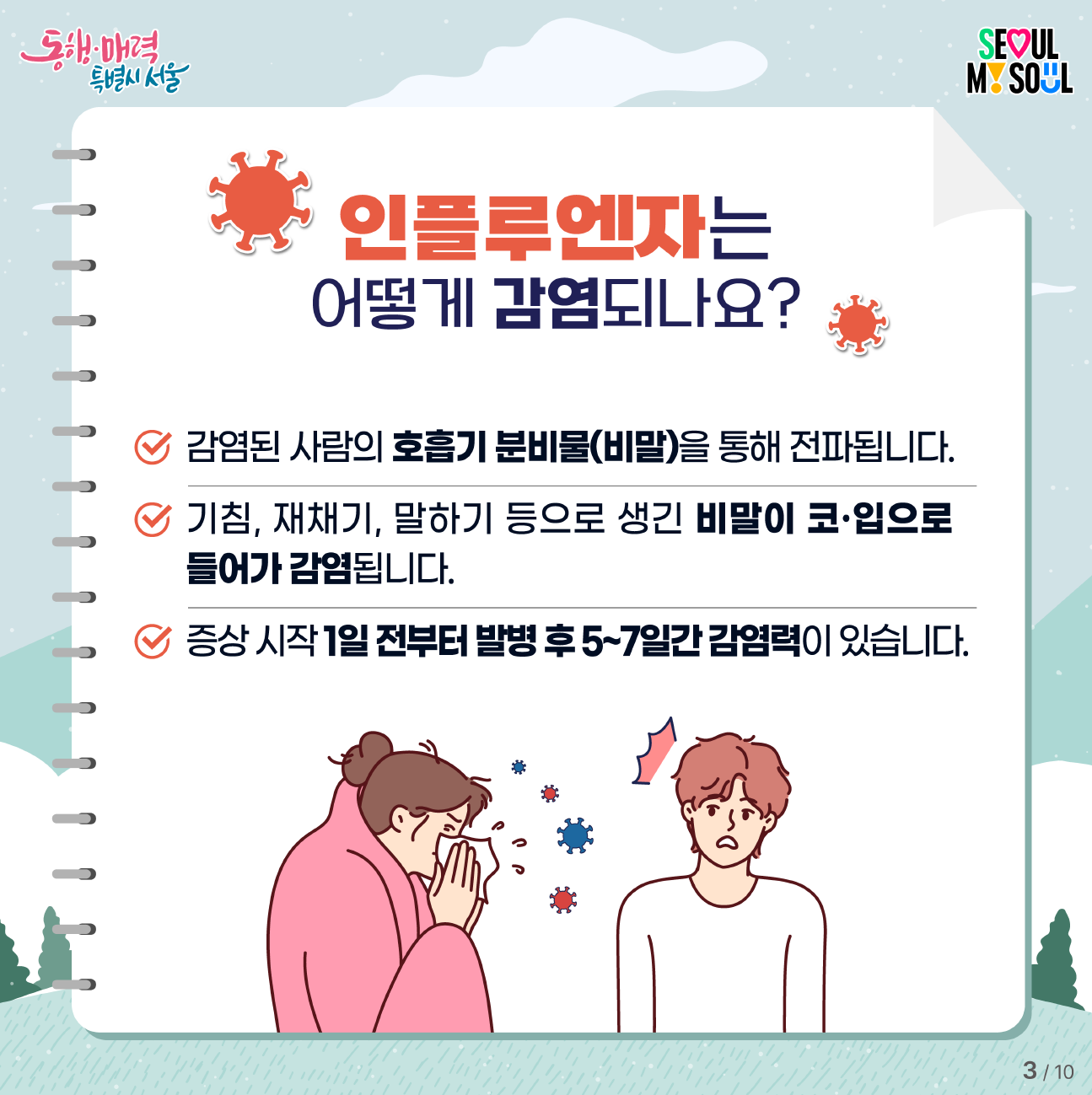 인플루엔자는 비말, 즉 감염된 사람의 호흡기 분비물을 통해 전파됩니다. 기침, 재채기, 말하기 등으로 생긴 비말이 코, 입으로 들어가 감염됩니다. 증상 시작 1일 전부터 발병 후 5~7일간 감염력이 있습니다.