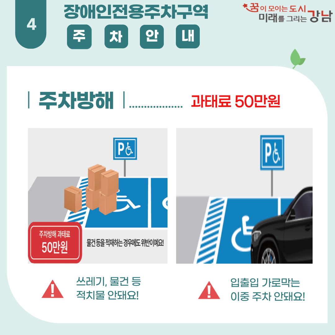 장애인전용주차구역 주차를 방해하는 행위는 과태료 50만원입니다. 쓰레기나 각종 물건을 적치하는 행위는 물론, 입출입을 가로막는 이중주차도 금지합니다.