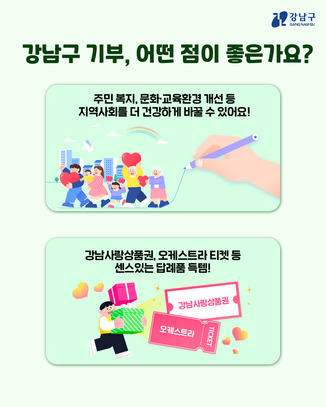 강남구에 기부하면 주민 복지, 문화·교육환경 개선 등 지역사회를 더 건강하게 바꿀 수 있어요! 게다가 강남사랑상품권, 오케스트라 티켓 등 센스있는 답례품까지 받을 수 있습니다.