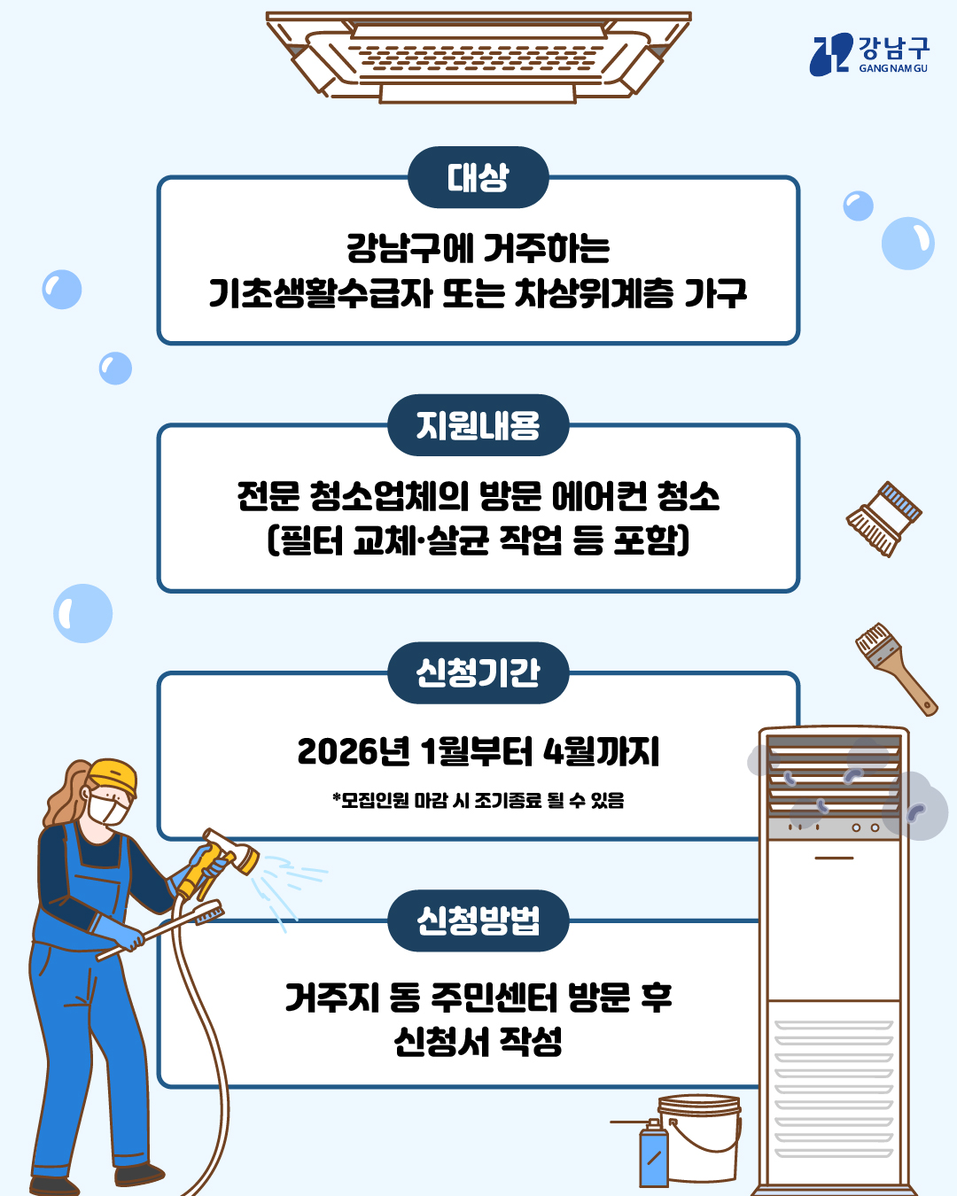 대상은 강남구에 거주하는 기초생활수급자 또는 차상위계층 가구로 필터 교체·살균작업 등을 포함한 전문 청소업체의 방문 에어컨 청소 서비스 일체를 무상 지원합니다. 2026년 1월부터 4월까지 거주지 동 주민센터를 방문해 신청서를 작성하면 됩니다. 단 모집인원이 마감되면 조기 종료할 수 있습니다.