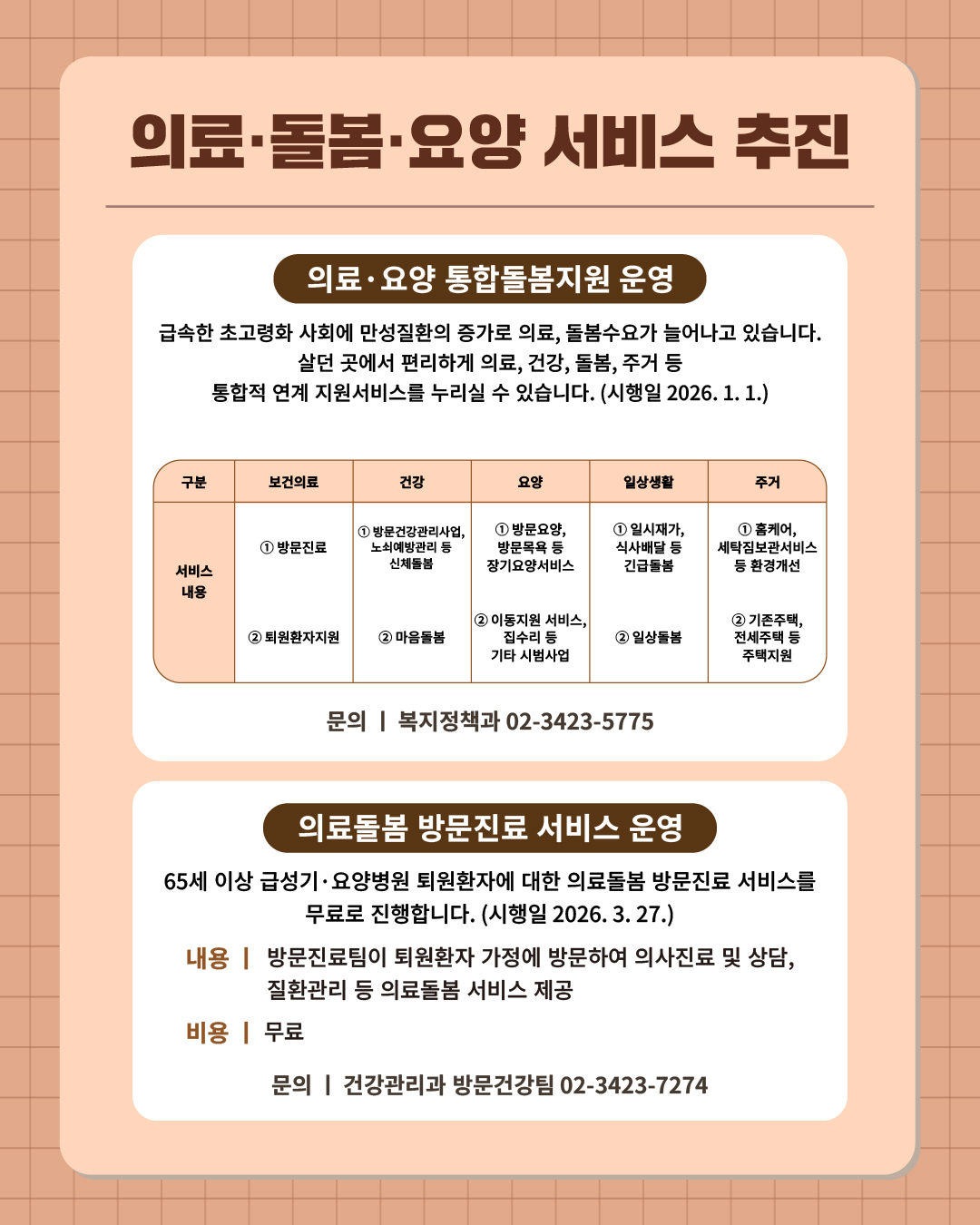 ⑥ 내 집에서 의료·돌봄·요양 서비스 모두 누리실 수 있습니다.  급속한 초고령화 사회에 만성질환의 증가도 늘어나 의료, 돌봄수요가 늘어나고 있습니다. 살던 곳에서 편리하게, 안심할 수 있는 의료, 건강, 돌봄, 주거 등 통합적 연계 지원서비스를 누리실 수 있습니다.(시행일 2026.1.1.)  📍 의료·요양 통합돌봄지원 운영 - 보건의료 : 방문진료, 퇴원환자지원 - 건강 : 방문건강관리사업 및 노쇠예방관리 등 신체돌봄, 마음돌봄 - 요양 : 방문요양 및 방문목욕 등 장기요양서비스, 이동지원 서비스 및 집수리 등 기타 시범사업 - 일상생활 : 일시재가 및 식사배달 등 긴급돌봄, 일상돌봄 - 주거 :  홈케어 및 세탁짐보관서비스 등 환경개선, 기존주택 및 전세주택 등 주택지원 ☎문의 l 복지정책과 02-3423-5775  65세 이상 급성기‧요양병원 퇴원환자에 대한 의료돌봄 방문진료 서비스를 무료로 진행합니다. (시행일 2026. 3. 27.)  📍 의료돌봄 방문진료 서비스 운영 - 내 용 : 방문진료팀이 퇴원환자 가정에 방문하여 의사진료 및 상담, 질환관리 등 의료돌봄서비스 제공 - 비 용 : 무료   ☎신청 및 문의 l 건강관리과 방문건강팀 02-3423-7274 