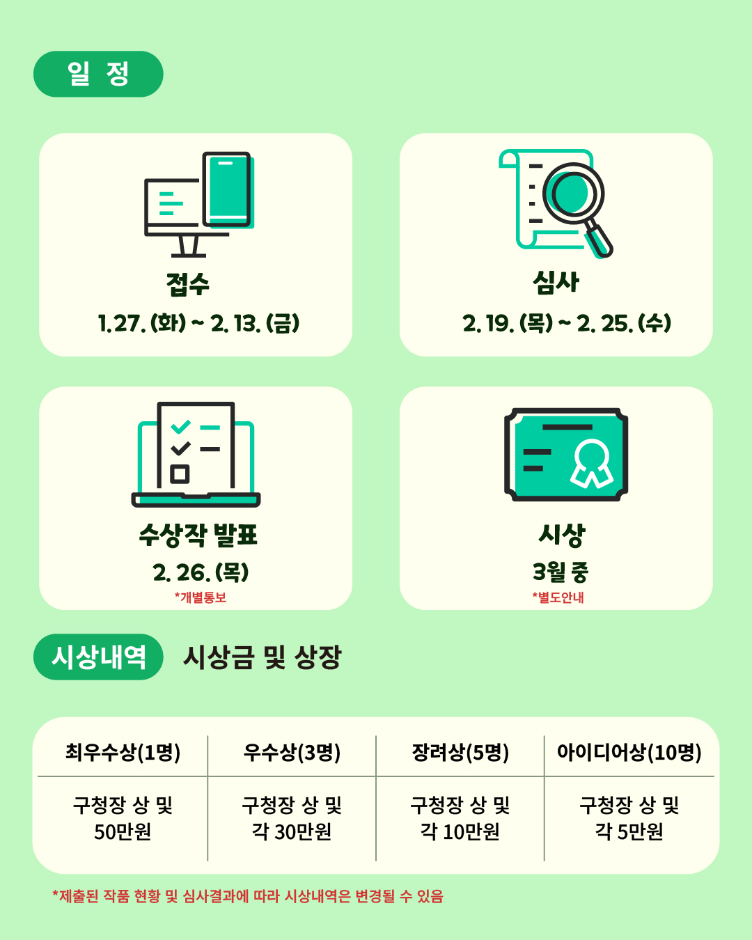 1월 27일부터 2월 13일까지 접수된 서류는 2월 19일부터 25일까지 심사합니다. 2월 26일에는 수상작을 발표하며 개인에게 통보합니다. 3월 중 열리는 시상식 일정은 따로 안내합니다. 시상내역은 아래 표를 참조해 주세요. 단 제출된 작품 현황 및 심사결과에 따라 시상내역은 변경될 수 있습니다. 
