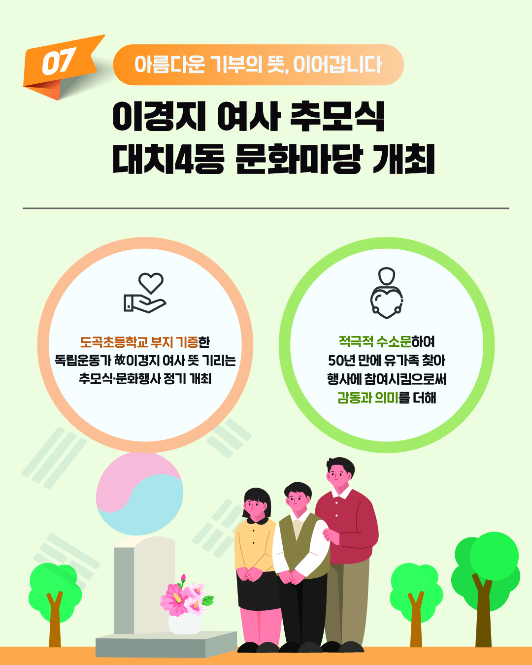 아름다운 기부의 뜻 이어나갑니다. 이경지 여사 추모식, 대치4동 문화마당 개최하고 있습니다. 도곡초등학교 부지 기증한 독립운동가 故이경지 여사 뜻 기리는 추모식·문화행사 정기 개최하고 있으며, 적극적 수소문으로 50년 만에 유가족 찾아 행사에 참여시킴으로써 감동과 의미를 더했습니다.