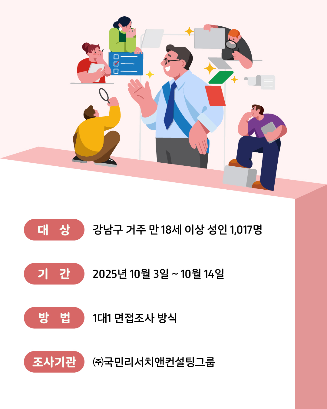대      상 ㅣ 강남구 거주 만18세 이상 성인 1,017명 기      간 ㅣ 2025년 10월 3일~10월 14일  방      법 ㅣ1대1 면접조사 방식 조사기관 ㅣ(주)국민리서치앤컨설팅그룹 