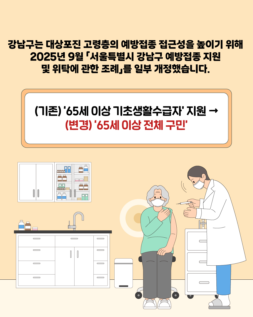 강남구는 대상포진 고령층의 예방접종 접근성을 높이기 위해 2025년 9월 「서울특별시 강남구 예방접종 지원 및 위탁에 관한 조례」를 일부 개정했습니다. (기존) ‘65세 이상 기초생활수급자’ 지원 → (변경) ‘65세 이상 전체 구민’