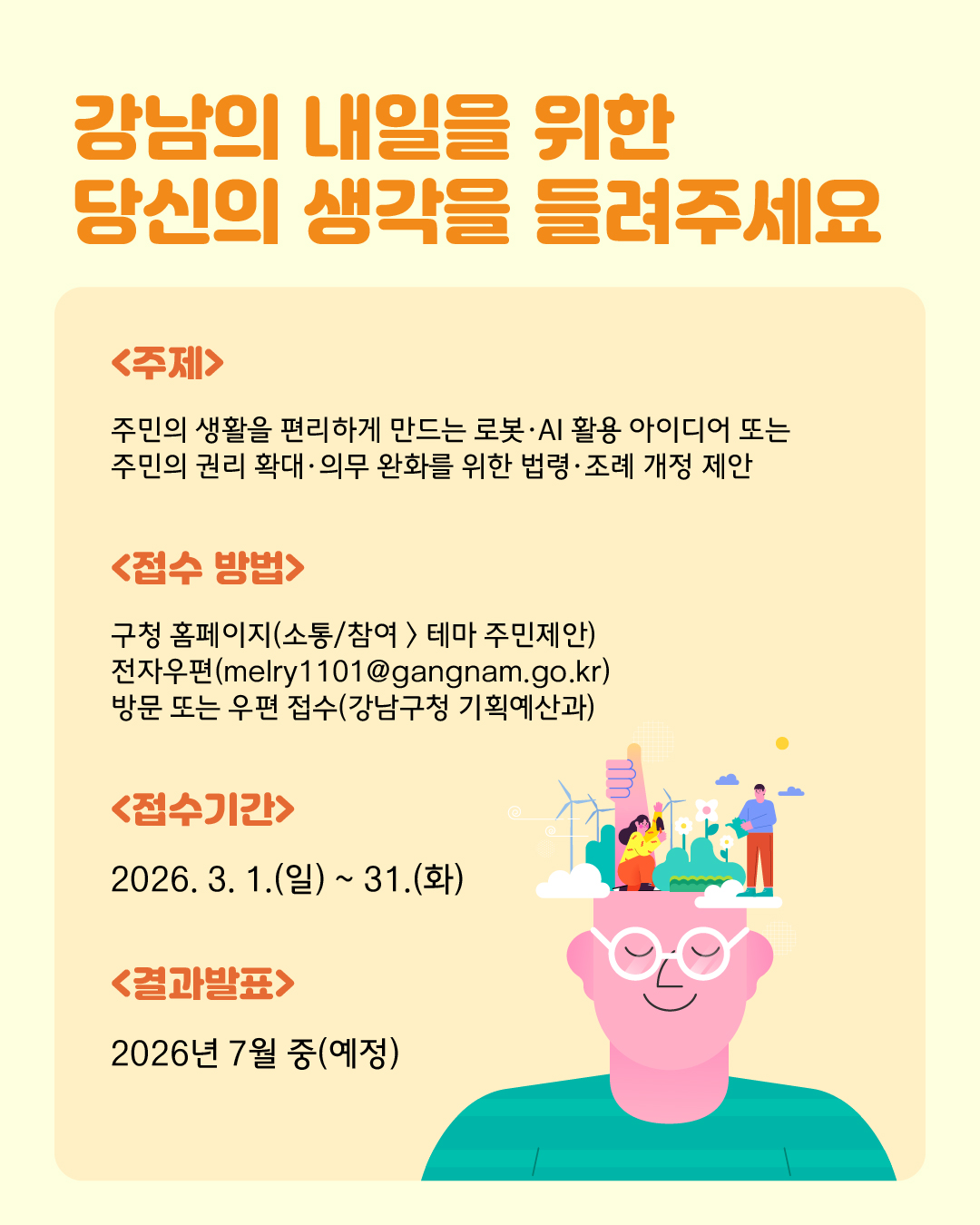 강남의 내일을 위한 당신의 생각을 들려주세요! 주제는 주민의 생활을 편리하게 만드는 로봇·AI 활용 아이디어 또는 주민의 권리 확대·의무 완화를 위한 법령·조례 개정 제안입니다. 구청 홈페이지(소통/참여 > 테마 주민제안), 전자우편(melry1101@gangnam.go.kr), 방문 또는 우편 접수(강남구청 기획예산과) 중 한가지를 선택해 접수해 주시면 7월 중 결과를 발표합니다.