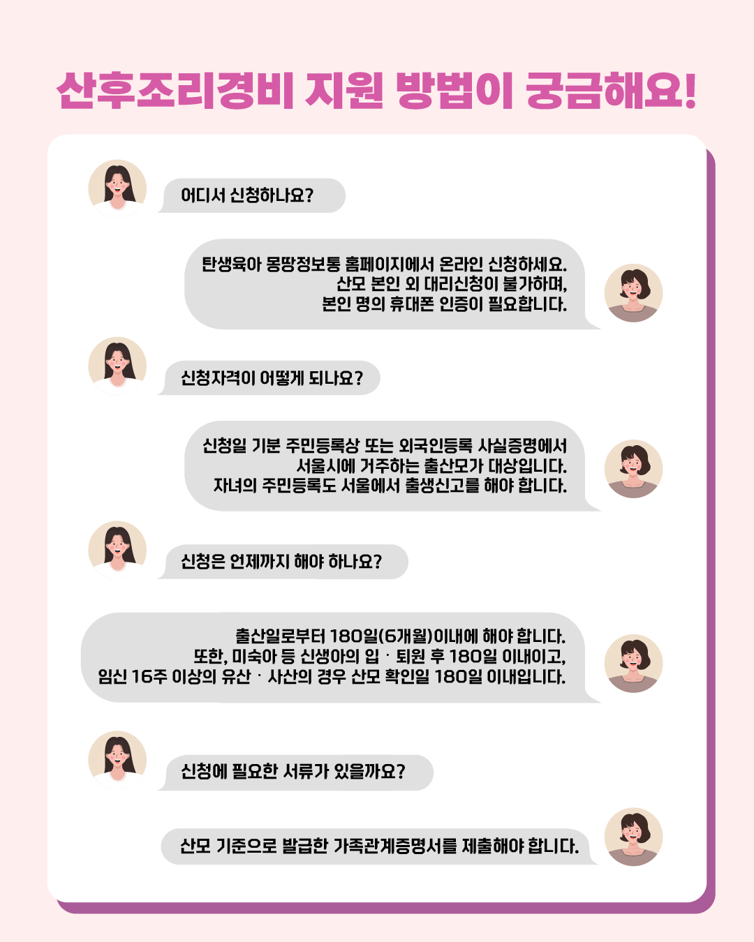 산후조리경비 지원 방법이 궁금해요! Q. 어디서 신청하나요? A. 탄생육아 몽땅정보통 홈페이지에서 온라인 신청하세요. 산모 본인 외 대리신청이 불가하며, 본인 명의 휴대폰 인증이 필요합니다. Q. 신청자격 어떻게 되나요? A. 신청일 기준 주민등록상 또는 외국인등록 사실증명에서 서울시에 거주하는 출산모가 대상입니다. 자녀의 주민등록도 서울에서 출생신고를 해야 합니다. Q. 신청은 언제까지 해야 하나요? A. 출산일로부터 180일(6개월)이내에 해야 합니다. 또한, 미숙아 등 신생아의 입·퇴원 후 180일 이내이고. 임신 16주 이상의 유산·사산의 경우 산모 확인일 180일 이내입니다. Q. 신청에 필요한 서류가 있을까요? A. 산모 기준으로 발급한 가족관계증명서를 제출해야 합니다.