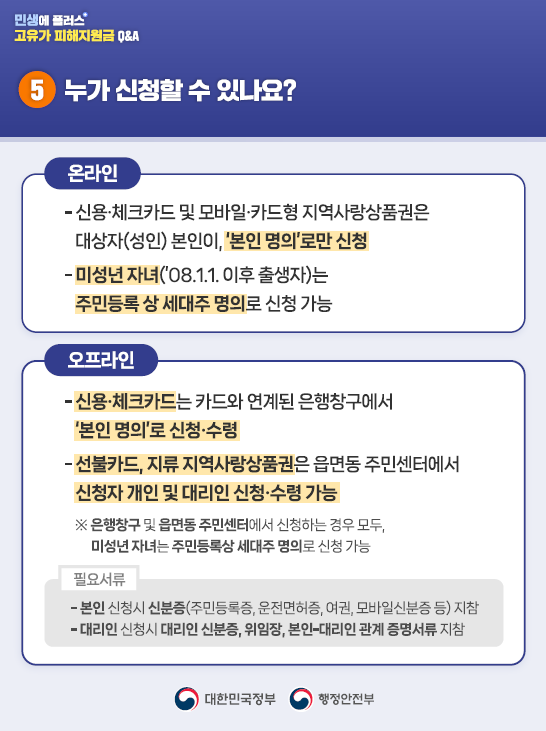 5️⃣누가 신청할 수 있나요?   <온라인>  - 신용·체크카드 및 모바일·카드형 지역사랑상품권은 대상자(성인) 본인이, '본인 명의'로만 신청    - 미성년 자녀('08.1.1. 이후 출생자)는 주민등록 상 세대주 명의로 신청 가능    <오프라인>  - 신용·체크카드는 카드와 연계된 은행창구에서 '본인 명의'로 신청·수령   - 선불카드, 지류 지역사랑상품권은 읍면동 주민센터에서 신청자 개인 및 대리인 신청·수령 가능    ※ 은행창구 및 읍면동 주민센터에서 신청하는 경우 모두,      미성년자 자녀는 주민등록상 세대주 명의로 신청 가능    [필요서류]   - 본인 신청시 신분증(주민등록증, 운전면허증, 여권, 모바일신분증 등) 지참    - 대리인 신청시 대리인 신분증, 위임장, 본인-대리인 관계 증명서류 지참 
