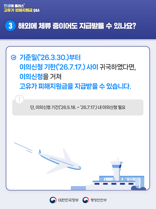 3️⃣해외에 체류 중이어도 지급받을 수 있나요?   기준일('26.3.30.)부터 이의신청 기한('26.7.17.) 사이 귀국하였다면, 이의신청을 거쳐 고유가 피해지원금을 지급받을 수 있습니다.   단, 이의신청 기간('26.5.18.~'26.7.17.) 내 이의신청 필요 
