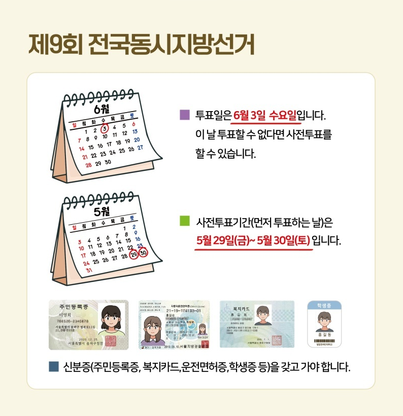 제9회 전국동시지방선거  투표일은 6월 3일 수요일입니다.  이 날 투표할 수 없다면 사전투표를 할 수 있습니다.  사전투표기간(먼저 투표하는 날)은 5월 29일(금) ~ 5월 30일(토)입니다.  신분증(주민등록증, 복지카드, 운전면허증, 학생증 등)을 갖고 가야 합니다.