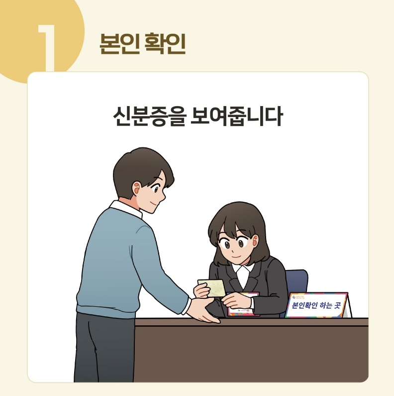 1️⃣ 본인 확인 : 신분증을 보여줍니다.