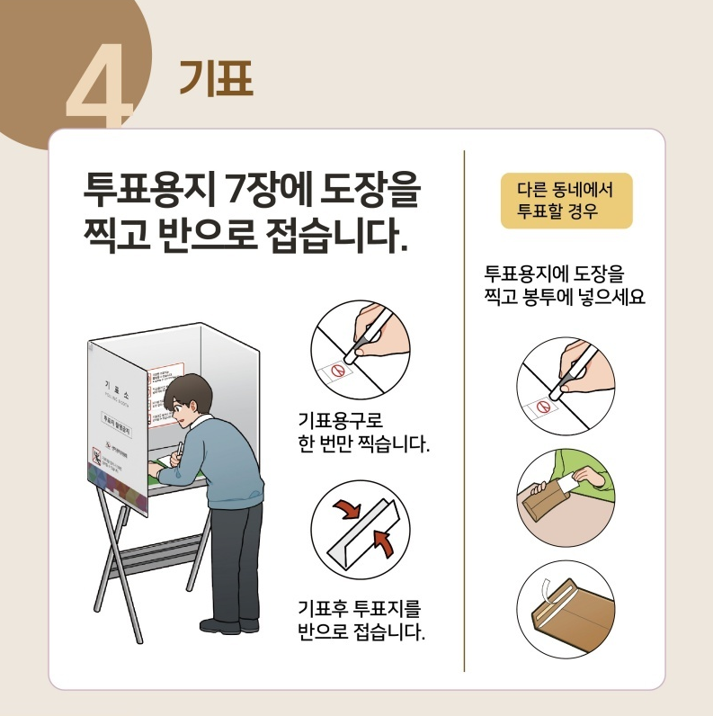 4️⃣ 기표 : 투표용지 7장에 도장을 찍고 반으로 접습니다. 다른 동네에서 투표할 경우 투표용지에 도장을 찍고 봉투에 넣습니다.