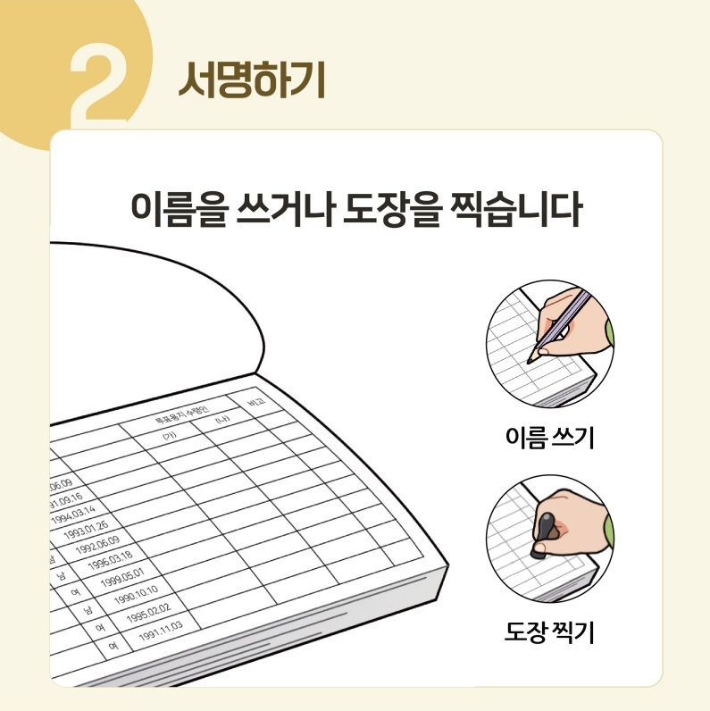 2️⃣ 서명하기 : 이름을 쓰거나 도장을 찍습니다.