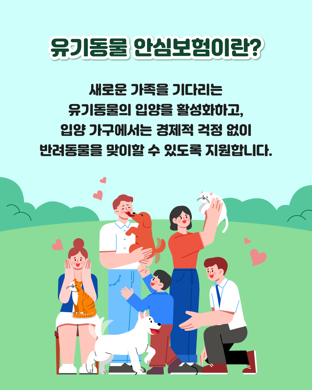 ⭐유기동물 안심보험이란?  새로운 가족을 기다리는 유기동물의 입양을 활성화하고,  입양 가구에서는 경제적 걱정 없이 반려동물을 맞이할 수 있도록 지원합니다. 