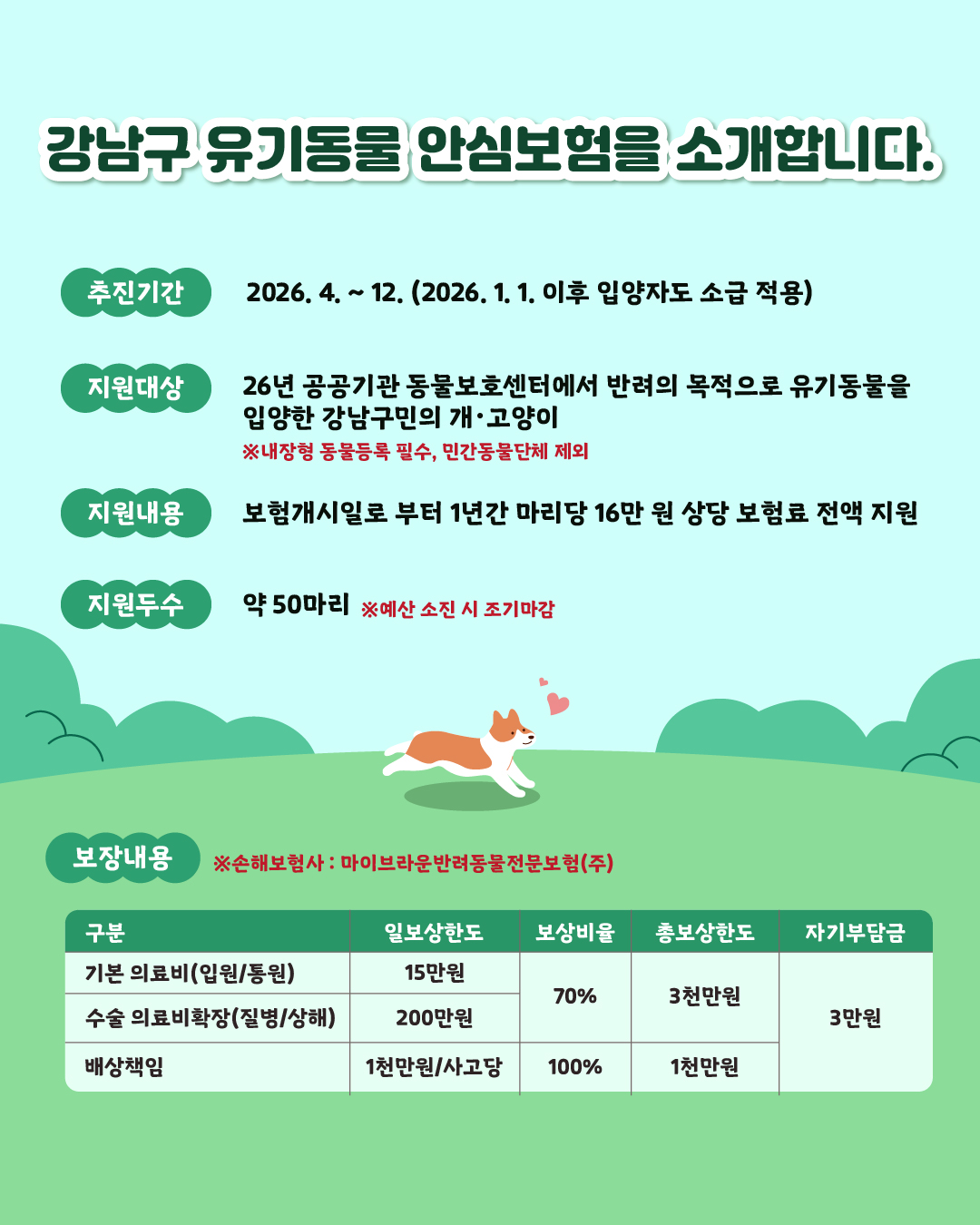 📌강남구 유기동물 안심보험을 소개합니다.   ✅추진기간    2026. 4. ~ 12. (2026.1.1.이후 입양자도 소급 적용)    ✅지원대상   2026년 공공기관 동물보호센터에서 반려의 목적으로 유기동물을 입양한 강남구민의 개 고양이  ※민간동물보호단체 제외, 내장형 동물등록 필수  ✅지원내용   보험개시일로부터 1년간 마리당 16만 원 상당 보험료 전액 지원   ✅지원두수   약50마리 ※예산 소진 시 조기마감  ✅보장내용 ※손해보험사 : 마이브라운반려동물전문보험(주)   🌱기본 의료비(입원/통원)  - 일보상한도 : 15만 원 / 보상비율 : 70% / 총보상한도 : 3천만 원 / 자기부담금 : 3만 원   🌱수술 의료비(질병/상해) - 일보상한도 : 200만 원 / 보상비율 : 70% / 총보상한도 : 3천만 원 / 자기부담금 : 3만 원   🌱배상책임 - 일보상한도 : 1천만 원(사고당) / 보상비율 : 100% / 총보상한도 : 1천만 원 / 자기부담금 : 3만 원 