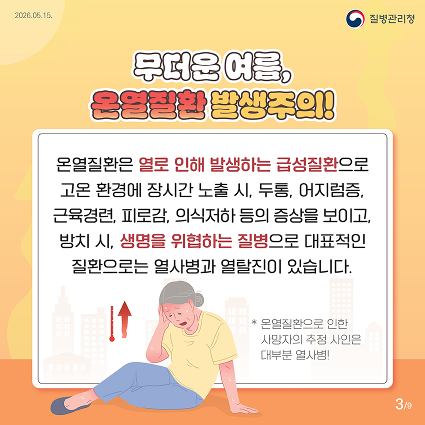 무더운 여름, 온열질환 발생주의! 온열질환은 열로 인해 발생하는 급성질환으로 고온 환경에 장시간 노출 시, 두통, 어지럼증,  근육경련, 피로감, 의식저하 등의 증상을 보이고, 방치 시, 생명을 위협하는 질병으로 대표적인  질환으로는 열사병과 열탈진이 있습니다.  *  온열질환으로 인한 사망자의 추정 사인은 대부분 열사병!