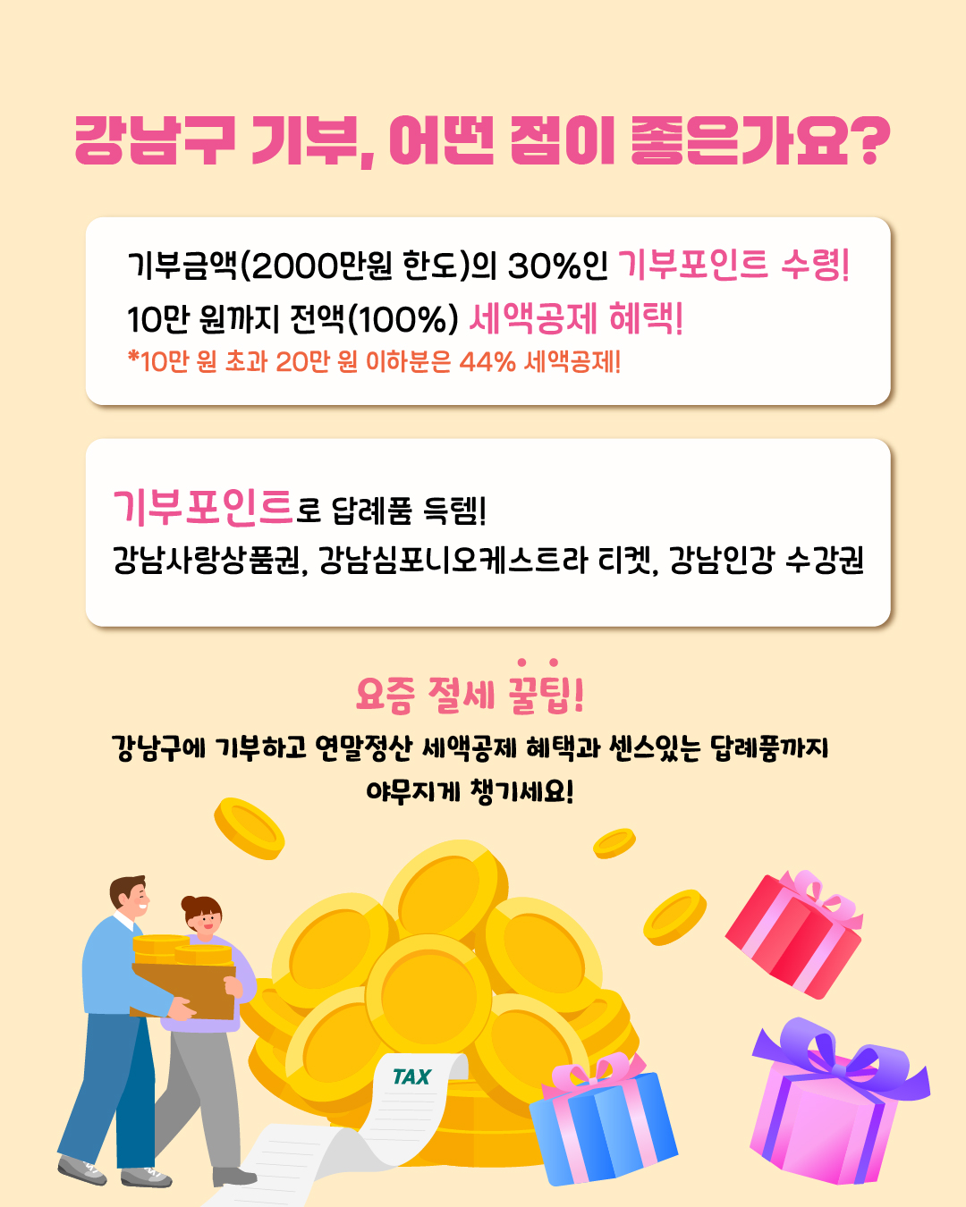 ✅강남구 기부, 어떤 점이 좋은가요? →기부금액(2000만원 한도)의 30%인 기부포인트 수령! 10만 원까지 전액(100%) 세액공제 혜택! *10만 원 초과 20만 원 이하분은 44% 세액공제! →기부포인트로 답례품 득템! 강남사랑상품권, 강남심포니오케스트라 티켓, 강남인강 수강권 📌요즘 절세 꿀팁! 강남구에 기부하고 연말정산 세액공제 혜택과 센스있는 답례품까지 야무지게 챙기세요!