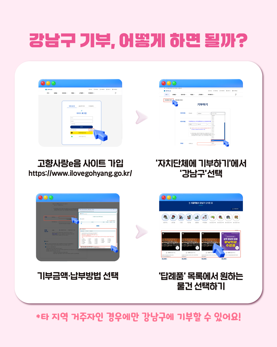 ✅강남구 기부, 어떻게 하면 될까? 1, ‘고향사랑e음 사이트’ 가입 https://www.ilovegohyang.go.kr/ 2. 기부 > 자치단체에 기부하기 > ‘강남구’ 선택 3. 기부금액·납부방법 선택 4. ‘답례품’ 목록에서 원하는 물건 선택하기 ※ 타 지역 거주자인 경우에만 강남구에 기부할 수 있어요!