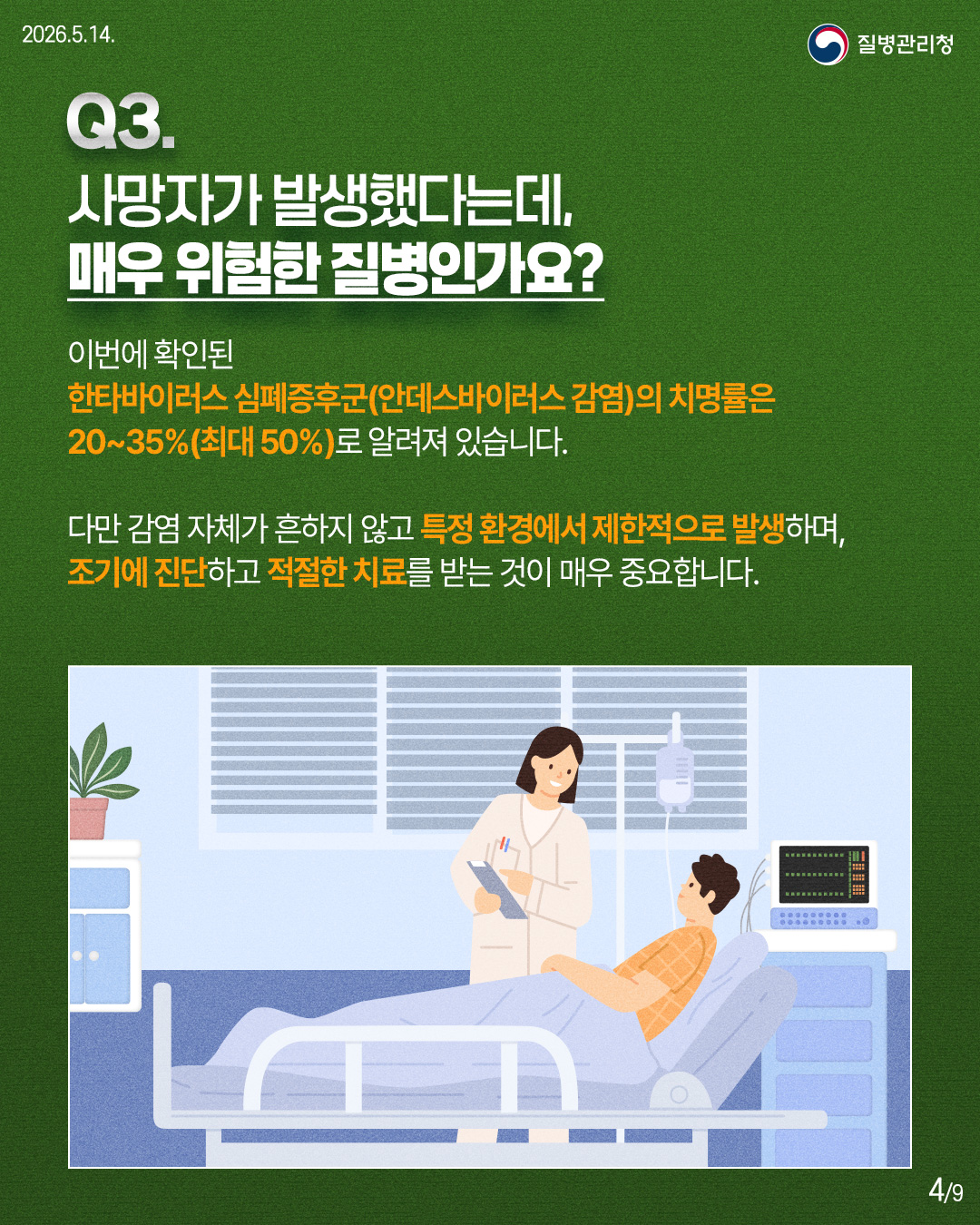 🔎Q3. 사망자가 발생했다는데, 매우 위험한 질병인가요? 이번에 확인된 한타바이러스 심폐증후군(안데스바이러스 감염)의 치명률은 20~35%(최대50%)로 알려져 있습니다. 다만 감염 자체가 흔하지 않고 특정 환경에서 제한적으로 발생하며, 조기에 진단하고 적절한 치료를 받는 것이 매우 중요합니다.