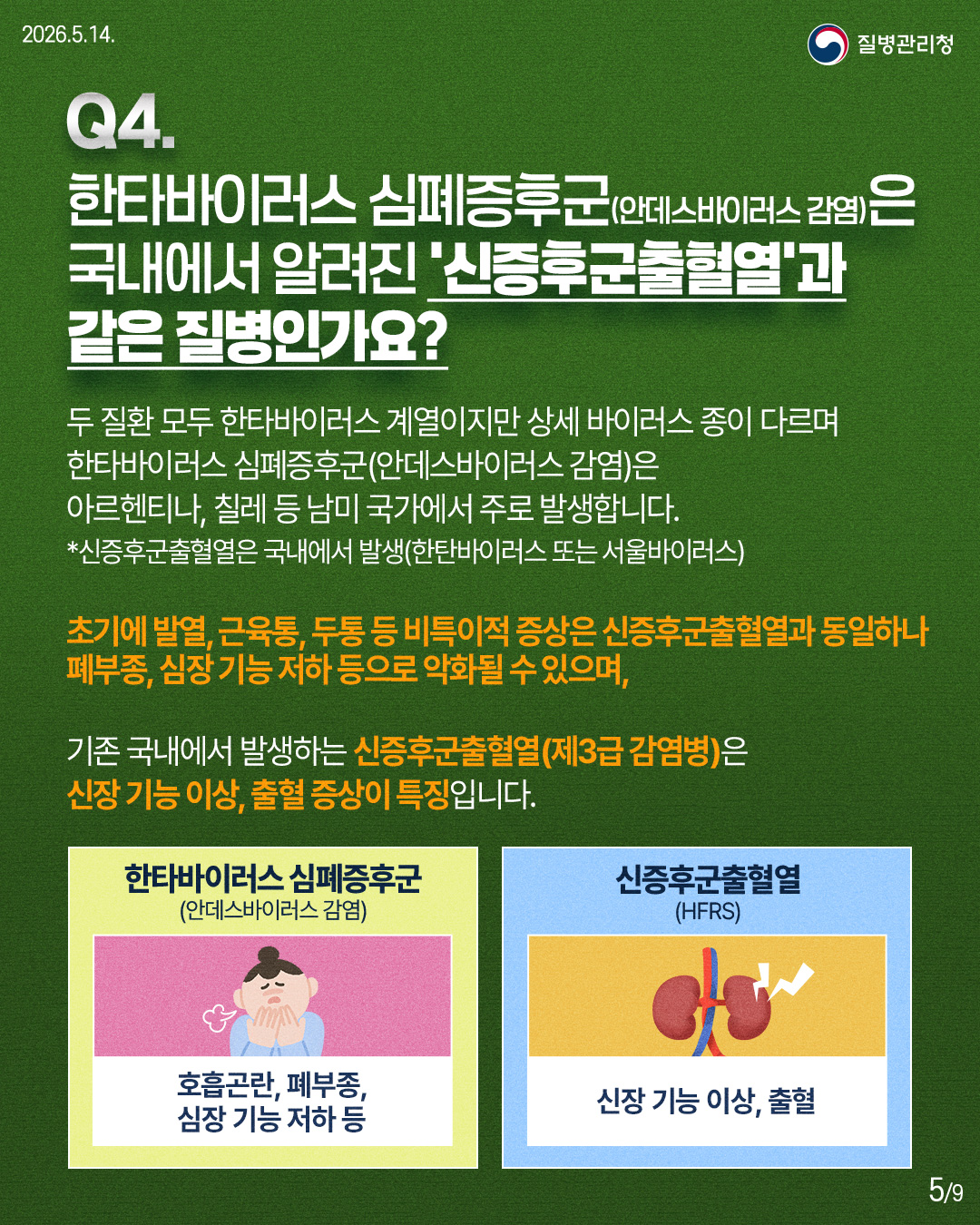 🔎Q4. 한타바이러스 심폐증후군(안데스바이러스 감염)은 국내에서 알려진 '신증후군출혈열'과 같은 질병인가요? 두 질환 모두 한타바이러스 계열이지만 상세 바이러스 종이 다르며 한타바이러스 심폐증후군(안데스바이러스 감염)은 아르헨티나, 칠레 등 남미 국가에서 주로 발생합니다. *신증후군출혈열은 국내에서 발생(한탄바이러스 또는 서울바이러스) 초기에 발열, 근육통, 두통 등 비특이적 증상은 신증후군출혈열과 동일하나 폐부종, 심장 기능 저하 등으로 악화될 수 있으며, 기존 국내에서 발생하는 신증후군출혈열(제3급 감염병)은 신장 기능 이상, 출혈 증상이 특징입니다. ✅한타바이러스 심폐증후군(안데스바이러스 감염) : 호흡곤란, 폐부종, 심장 기능 저하 등 ✅신증후군출혈열(HFRS) : 신장 기능 이상, 출혈