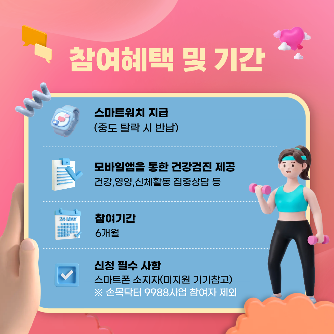 참여자에게는 스마트워치를 지급하고 건강, 영양, 신체활동 집중 상담 등 모바일 앱을 통한 건강검진을 제공합니다. 단, 중도 탈락 시 스마트워치는 반납해야 합니다. 참여 기간은 6개월이며 스마트폰 소지자만 사업에 참여할 수 있습니다. 단 손목닥터 9988 참여자는 제외하며, 미지원기기도 있으니 참고해 주세요.