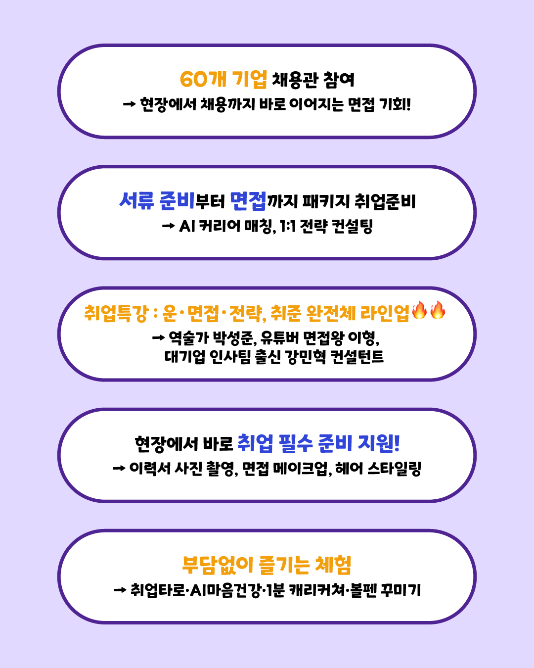 ➡️60개 기업 채용관 참여 → 현장에서 채용까지 바로 이어지는 면접 기회! ➡️서류 준비부터 면접까지 패키지 취업준비 → AI 커리어 매칭, 1:1 전략 컨설팅 ➡️취업특강 : 운·면접·전략, 취준 완전체 라인업 → 역술가 박성준, 유튜버 면접왕 이형, 대기업 인사팀 출신 강민혁 컨설턴트 ➡️현장에서 바로 취업 필수 준비 지원! → 이력서 사진 촬영, 면접 메이크업, 헤어 스타일링 ➡️부담 없이 즐기는 체험 → 취업타로 · AI 마음건강 · 1분 캐리커쳐 · 볼펜 꾸미기