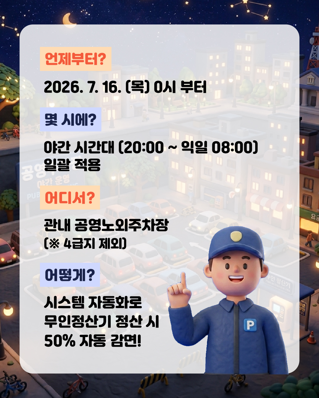 ☞ 언제부터? 2026. 7. 16.(목) 0시부터 ☞ 몇 시에? 야간 시간대 (20:00 ~ 익일 08:00) 일괄 적용 ☞ 어디서? 관내 공영노외주차장 (※ 4급지 제외) ☞ 어떻게? 시스템 자동화로 무인정산기 정산 시 50% 자동 감면!
